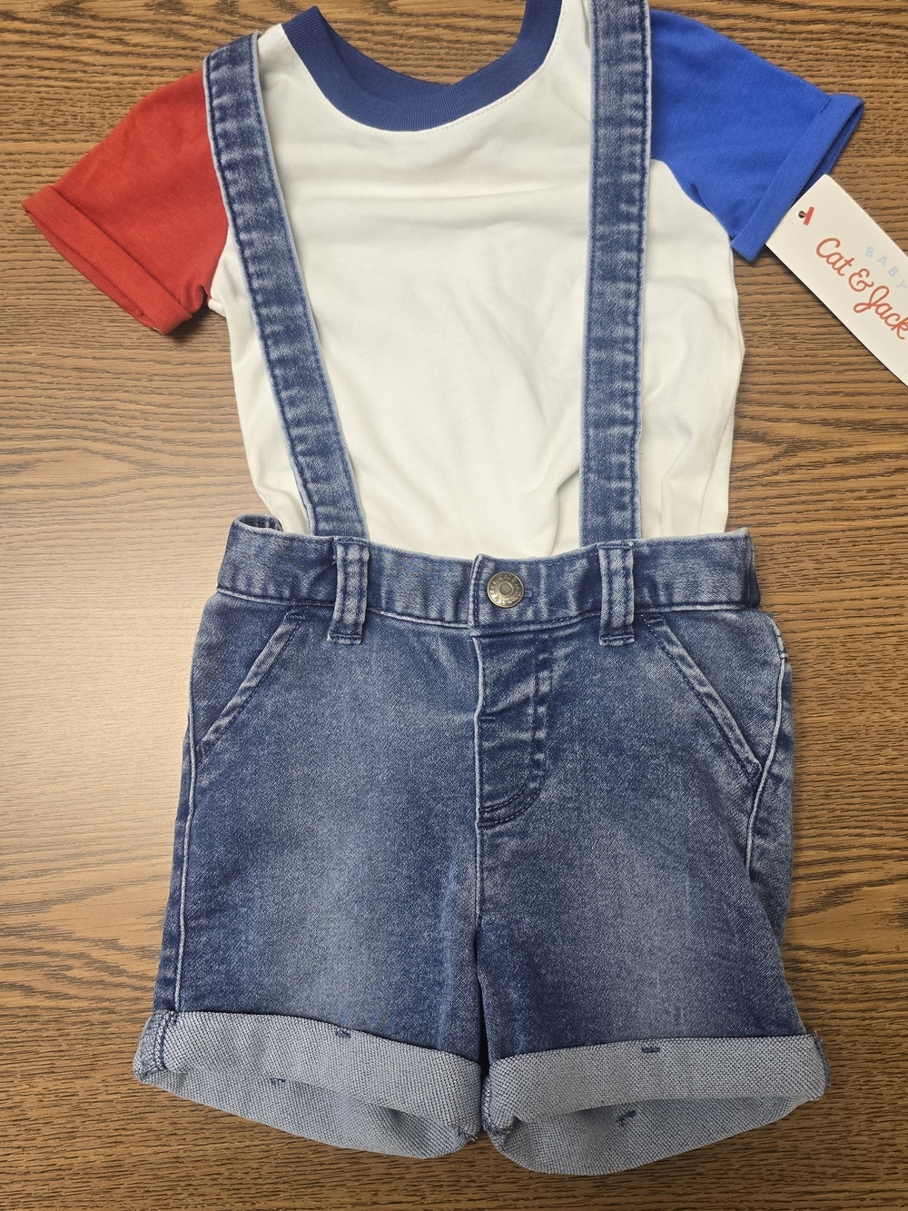 Cat & Jack Red, Blue and White Raglan Tee with Denim Suspender Shorts Sz 12 Mo